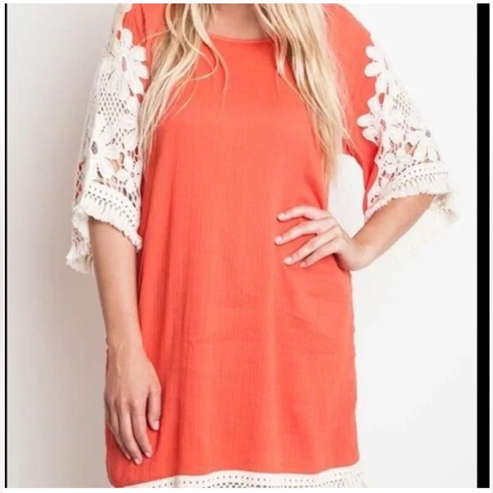Umgee Dress With Crochet/Lace/Fringe Accent Coral Size Small Boho Festival Ready